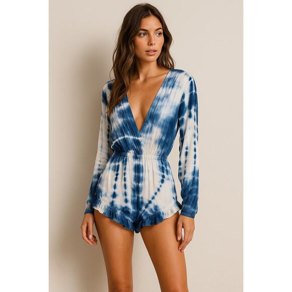 Stone Cold Fox Ruffle Love Jumper Shorts Long Sleeve Blue White Tie Dye US 4 - Picture 1 of 13